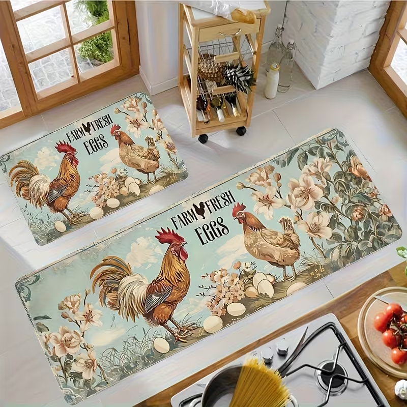 Home Goods Bathroom Sets - Farm Rooster And Flower Kitchen Mat