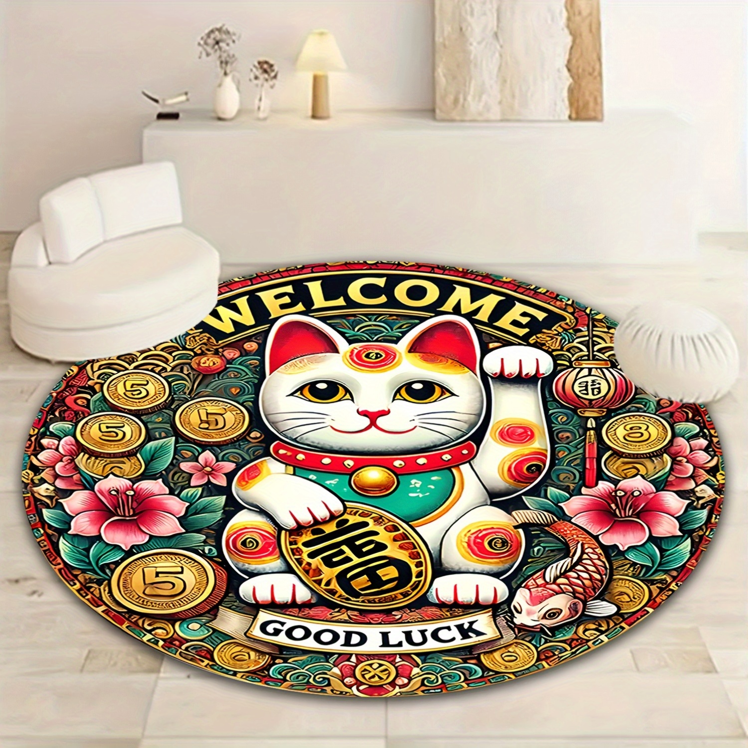 Chinese Lucky Cat Round Rug We - Home Goods Bathroom Mats avaliação e preço