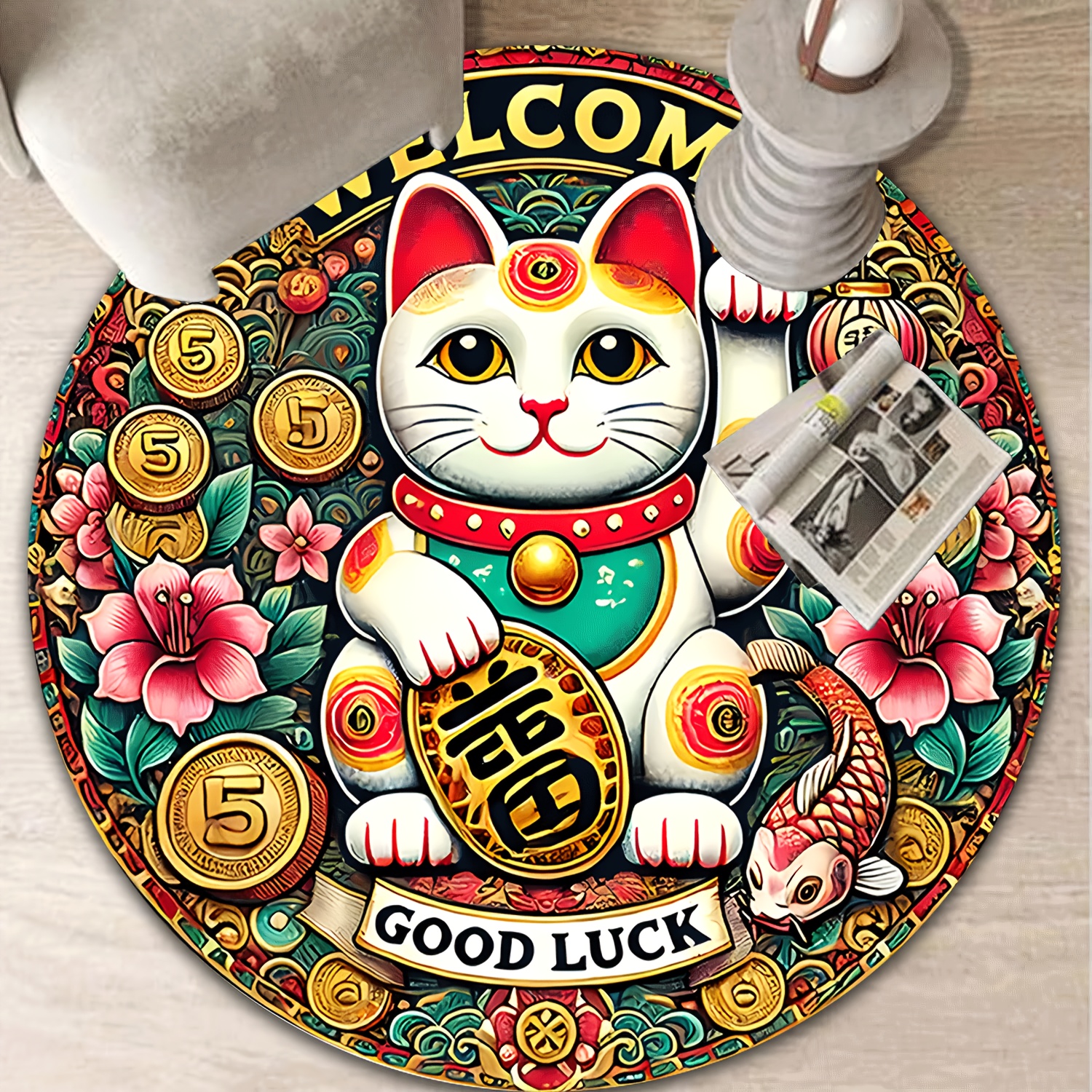 Chinese Lucky Cat Round Rug We - Home Goods Bathroom Mats avaliação e preço