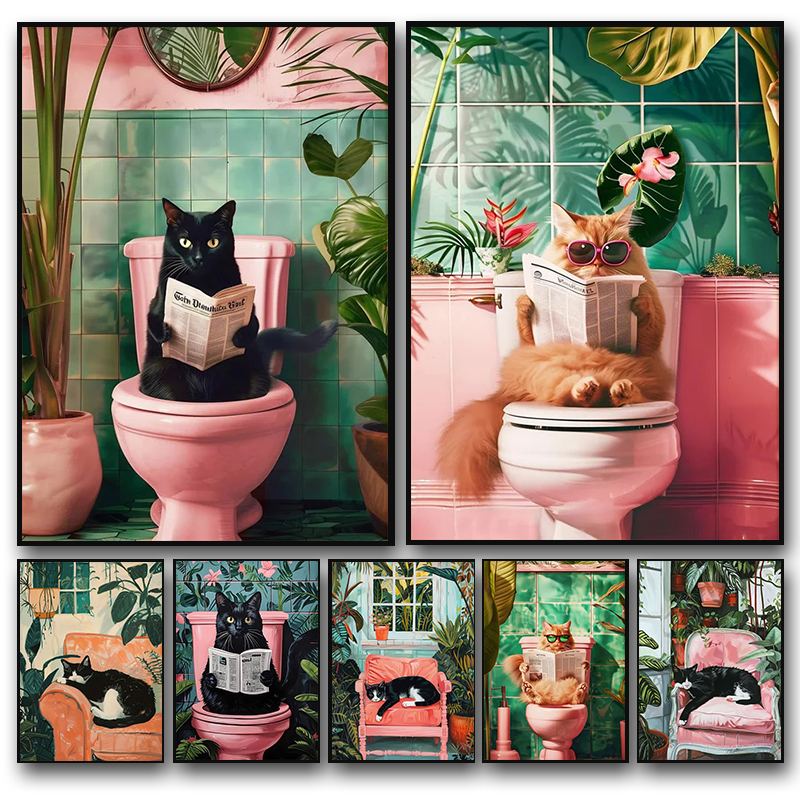Funny Cat on Toilet Wall Art C - Home Bathroom Pictures avaliação e preço